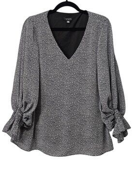 1.State V-neck Long Sleeve Smocked Cuff Sheer Overlay Black And White Top Size L